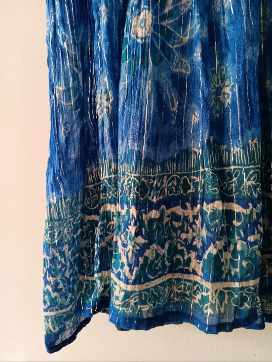 Bila Blue Metallic Print Dress M Boho Button Front Lined Midi Dress - Picture 5 of 6